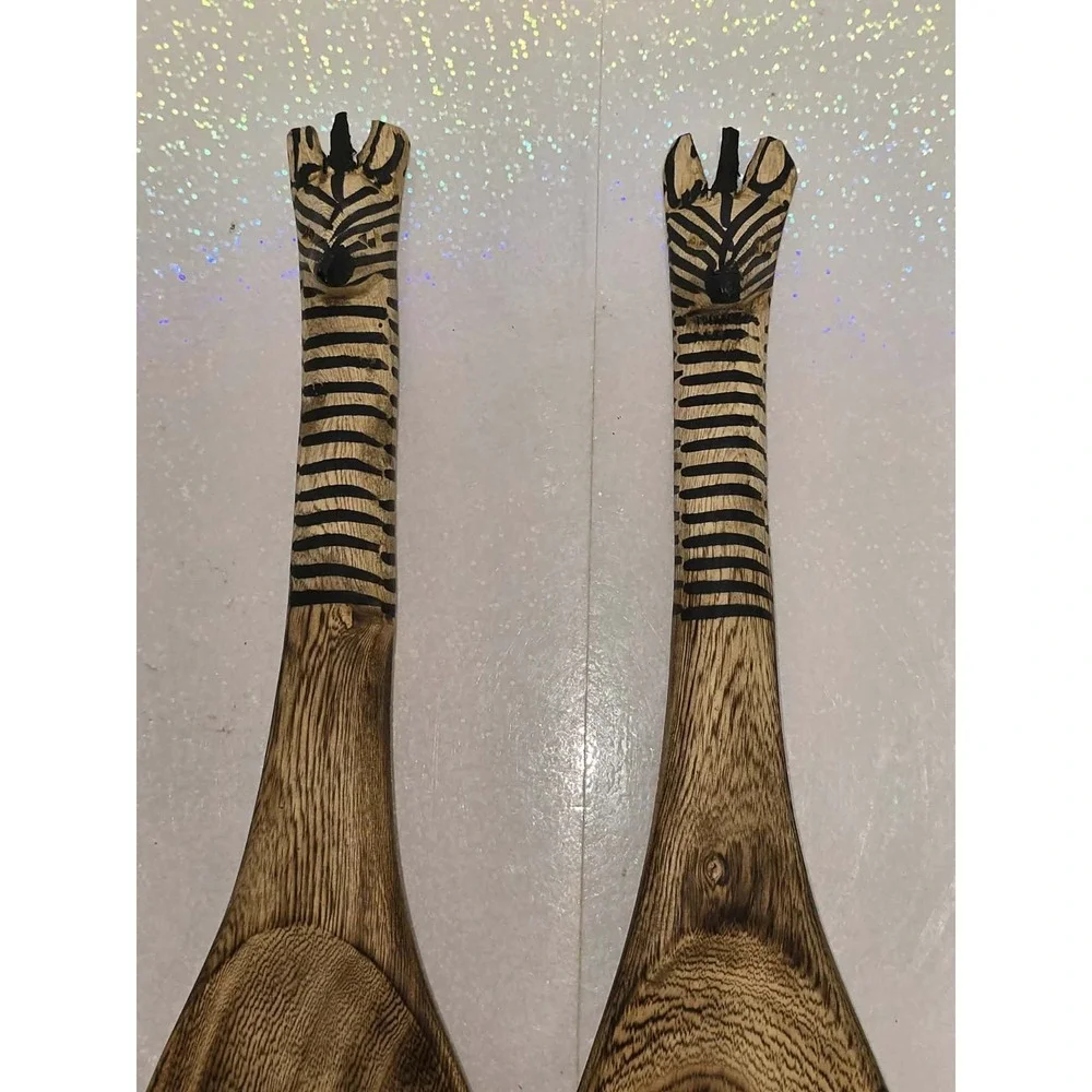 🦓 Vintage‎ Hand Carved Zebra Wood Salad Server Set – Rustic Safari 🦓